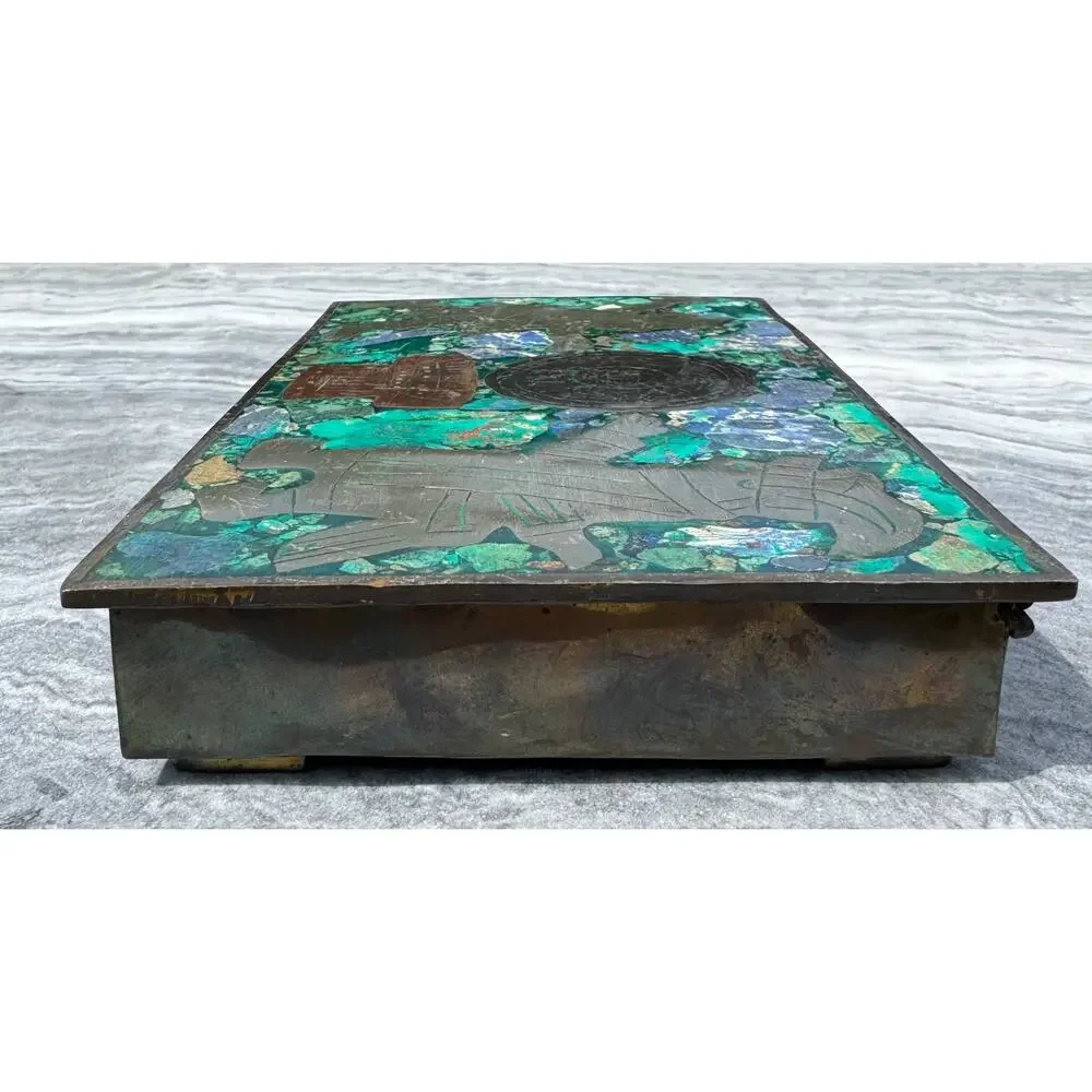 VINTAGE: MCM Mayan Mexican Mosaic Inlay Brass Copper Wood Trinket Cigarette Box